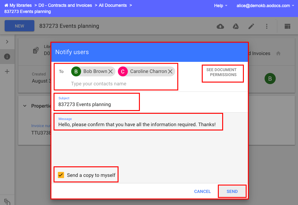 Notify users by email AODocs Knowledge Base
