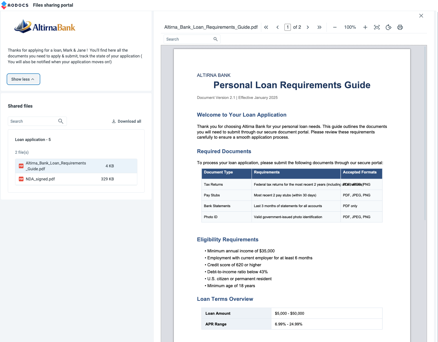Portal showing shared documents for preview and download