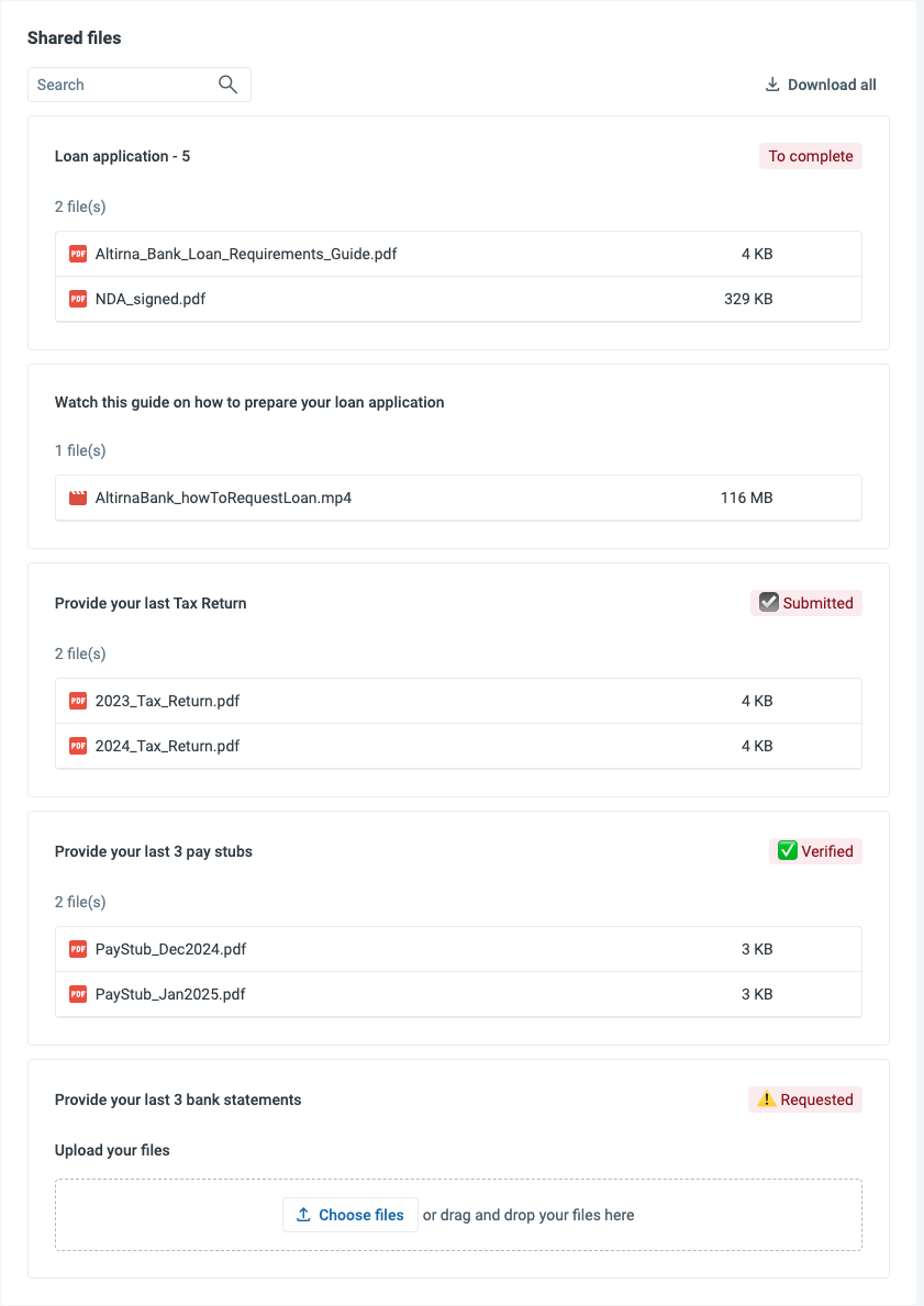 Portal showing workflow status for each document