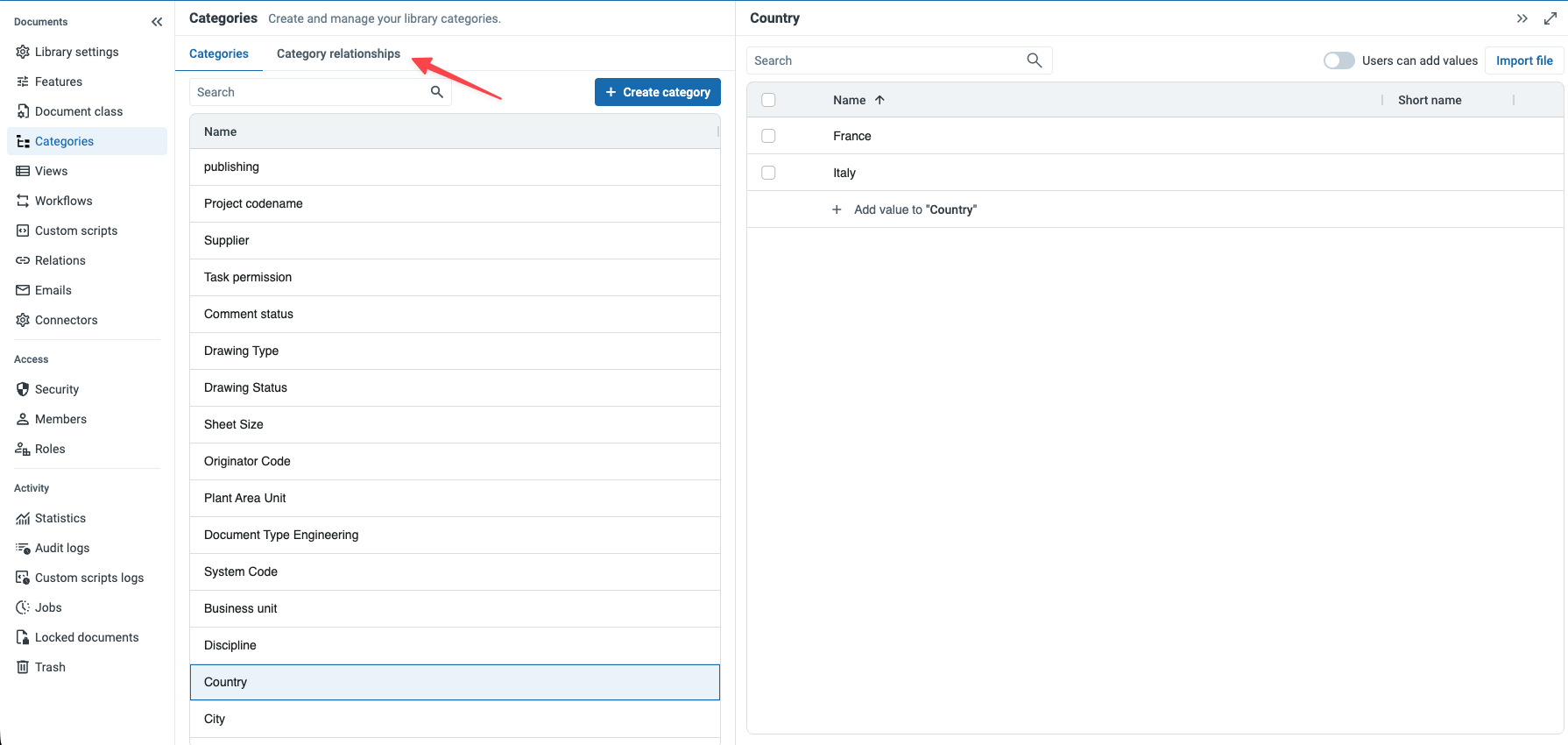 The Categories screen with the Category relationships tab highlighted at the top