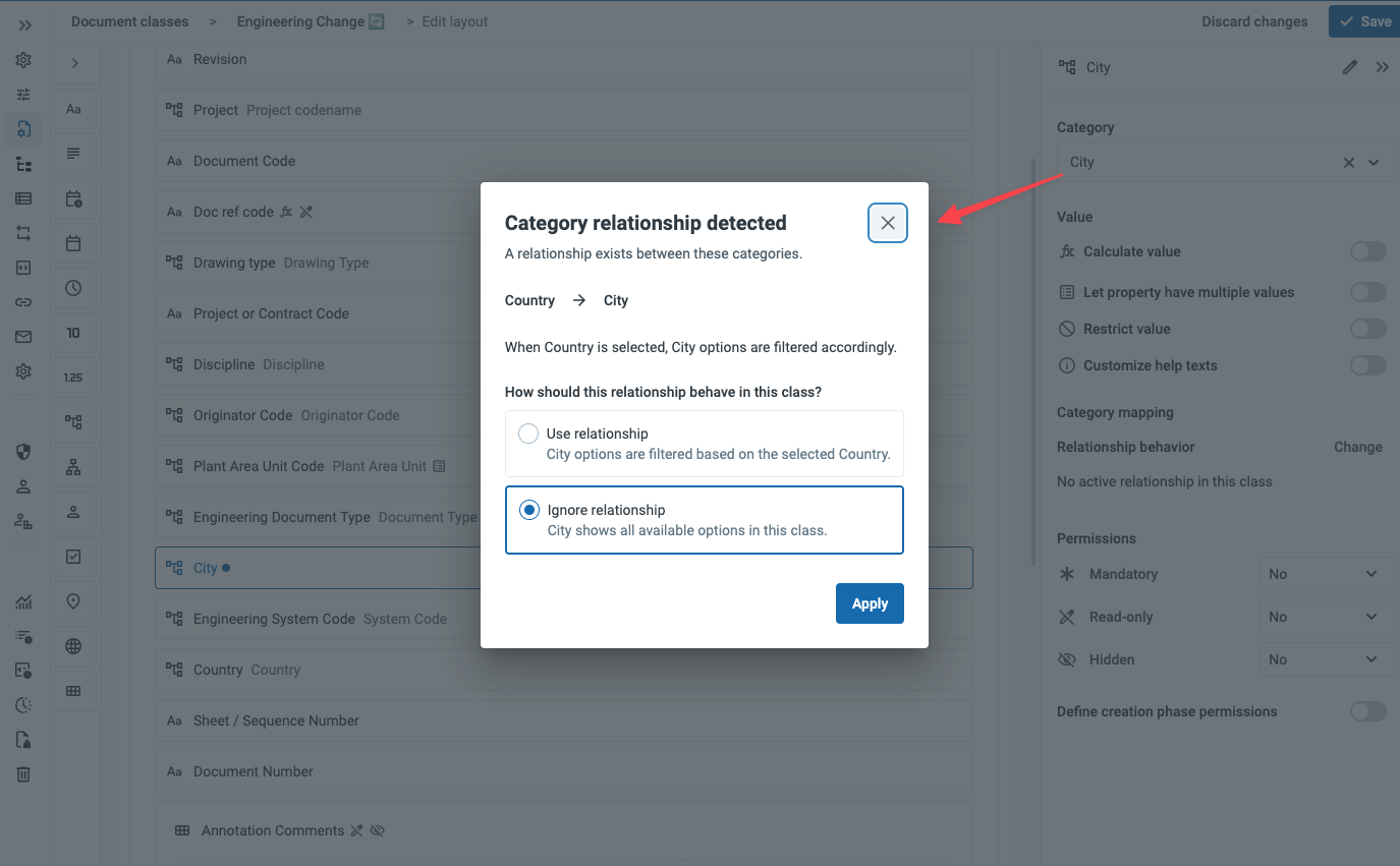 The Category relationship detected dialog explaining that when Country is selected, City options are filtered accordingly