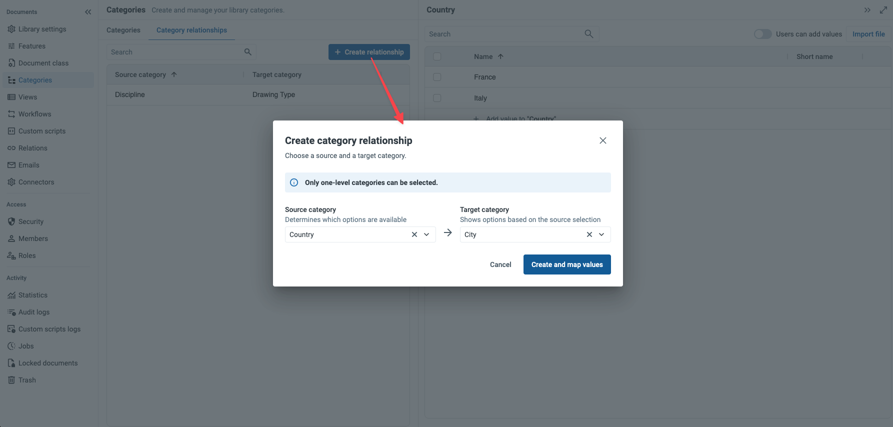The Create category relationship dialog with Source category set to Country and Target category set to City