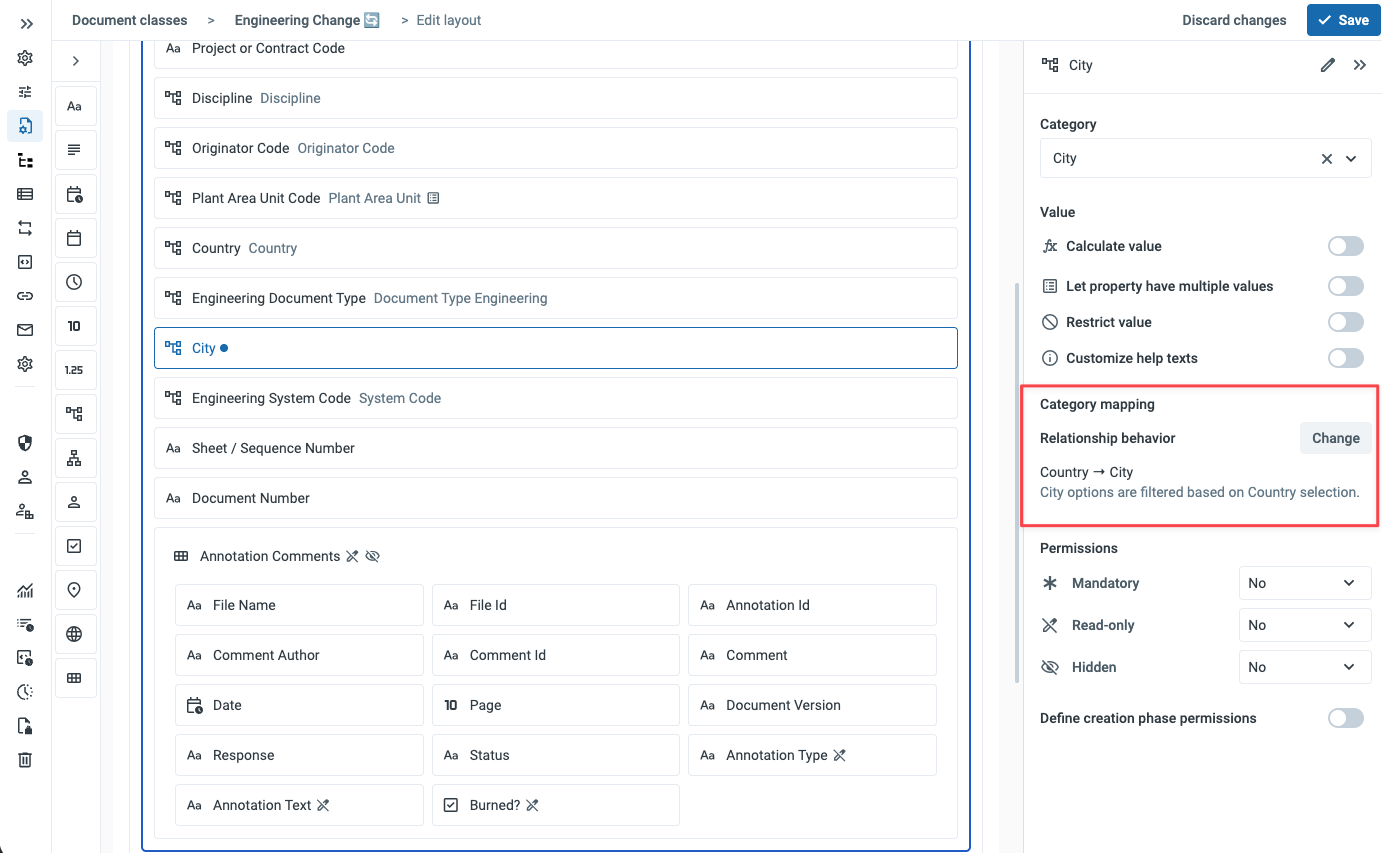 The City property settings showing the Category mapping section with Relationship behavior set to Country to City