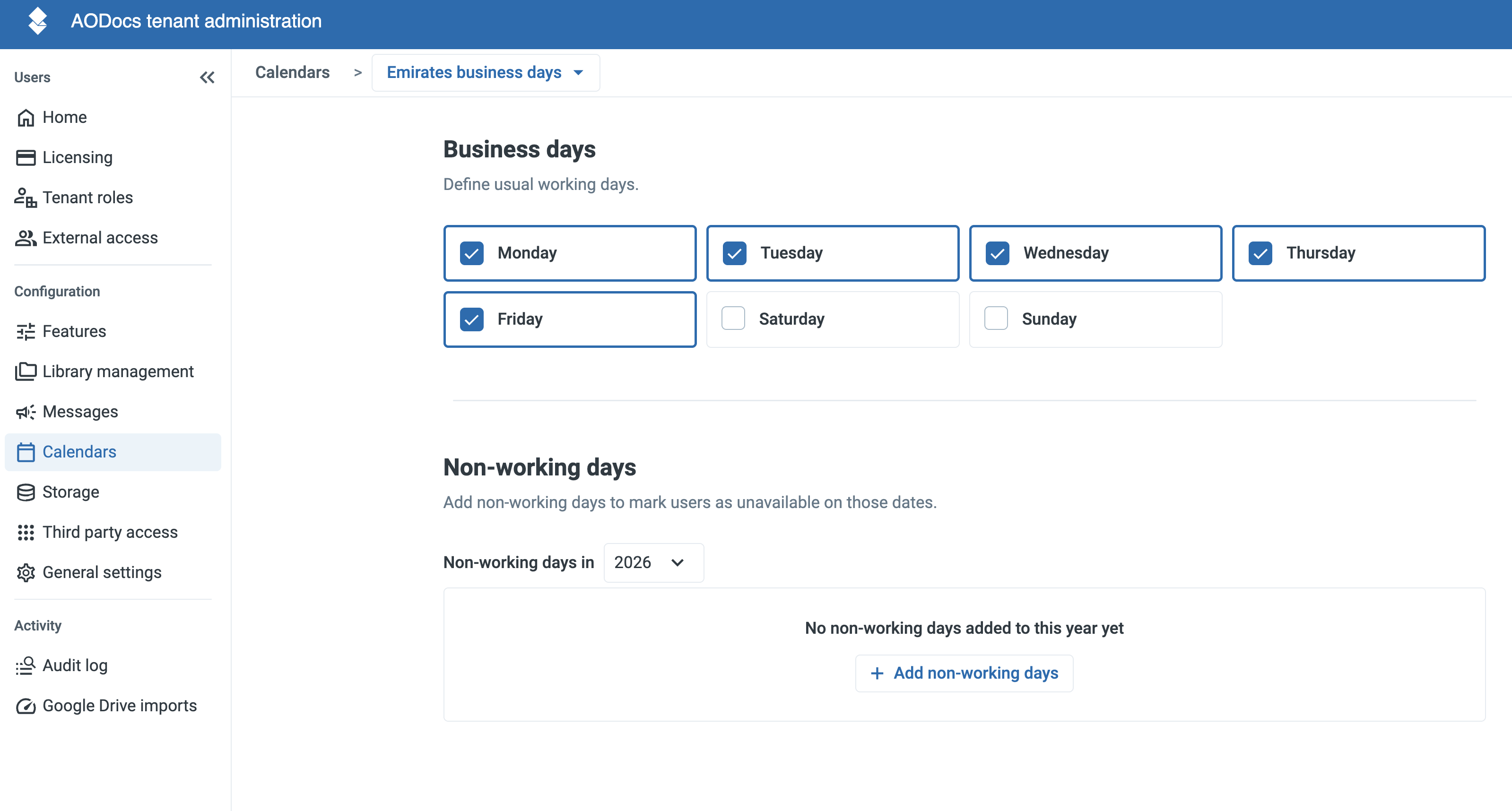 The calendar editor with the Business days section showing the Monday to Friday checkboxes selected, and the empty Non-working days section below