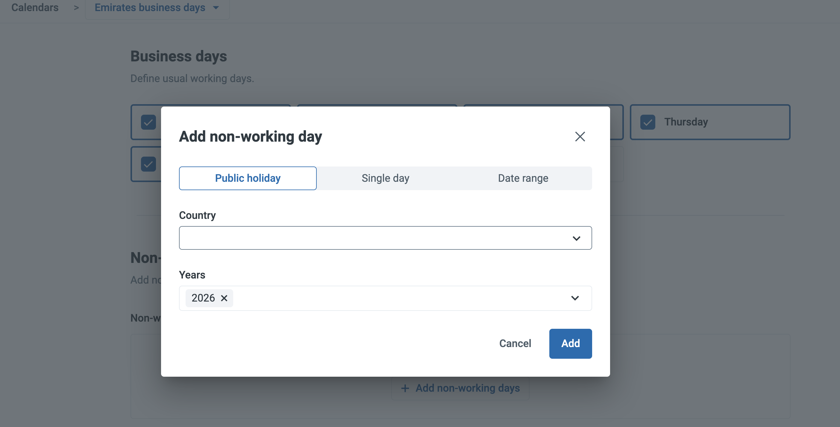 The Add non-working day dialog on the Public holiday tab, with the Country selector and the Years selection