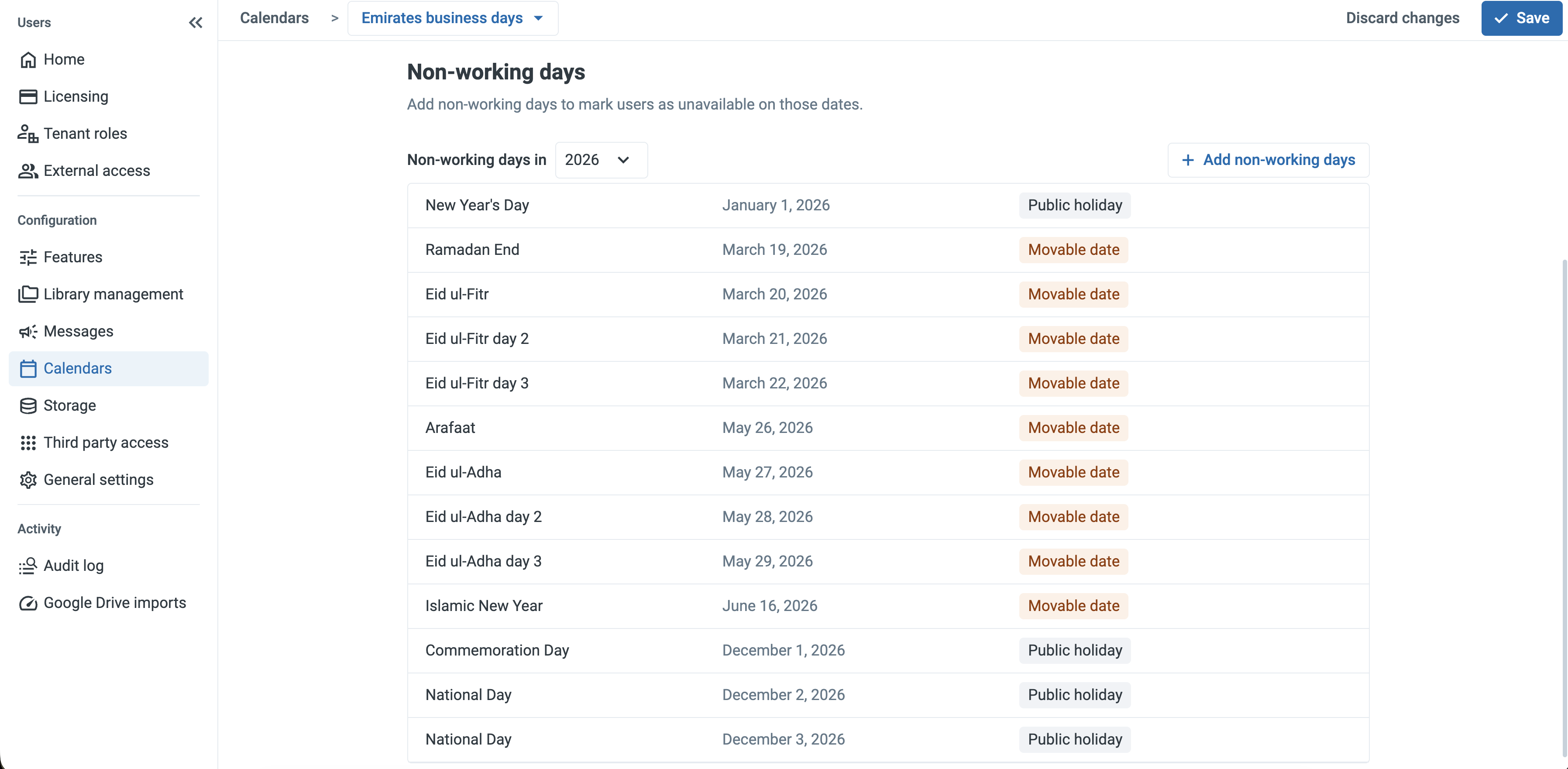 The Non-working days list for a year, showing imported holidays with Public holiday and Movable date tags