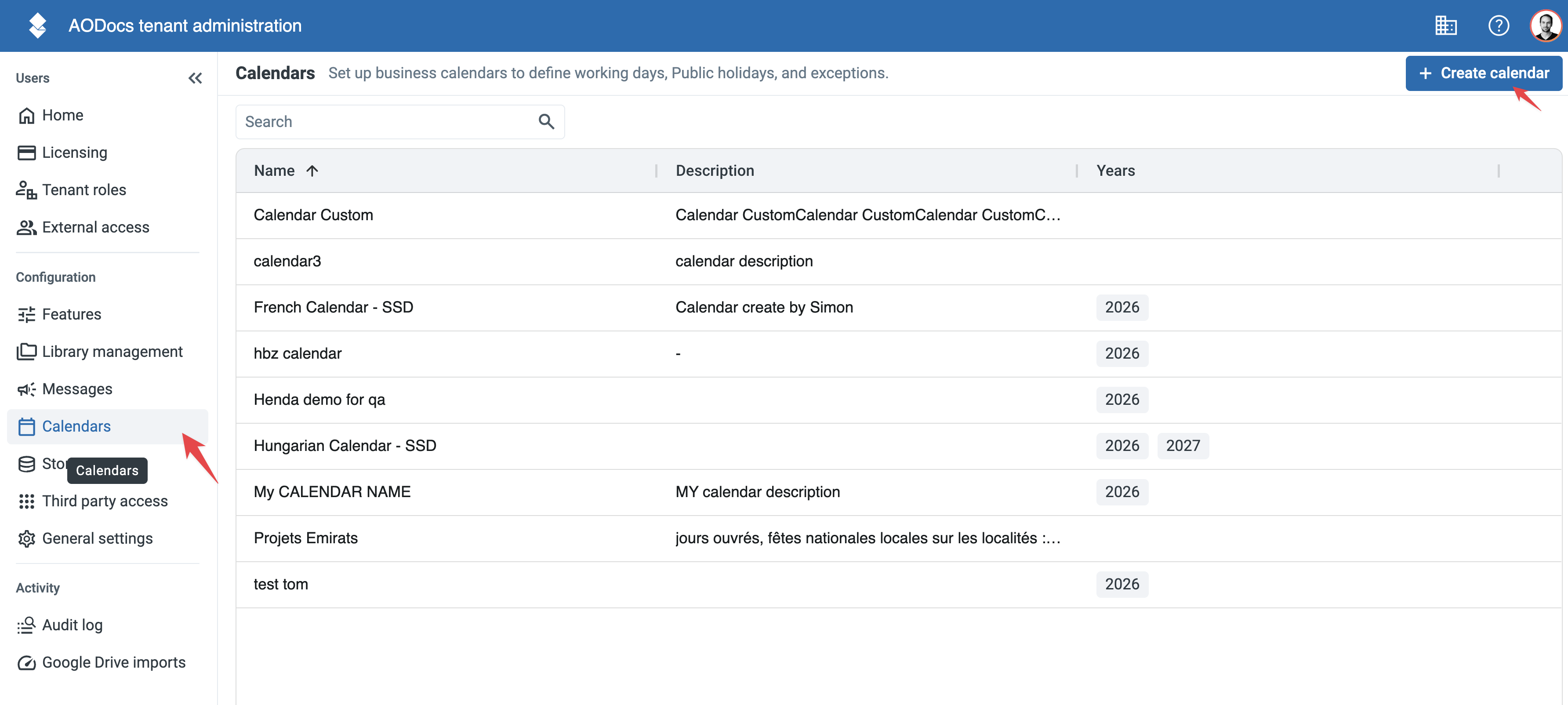 The Calendars list in the tenant administration, with Calendars selected in the left panel and the Create calendar button at the top right