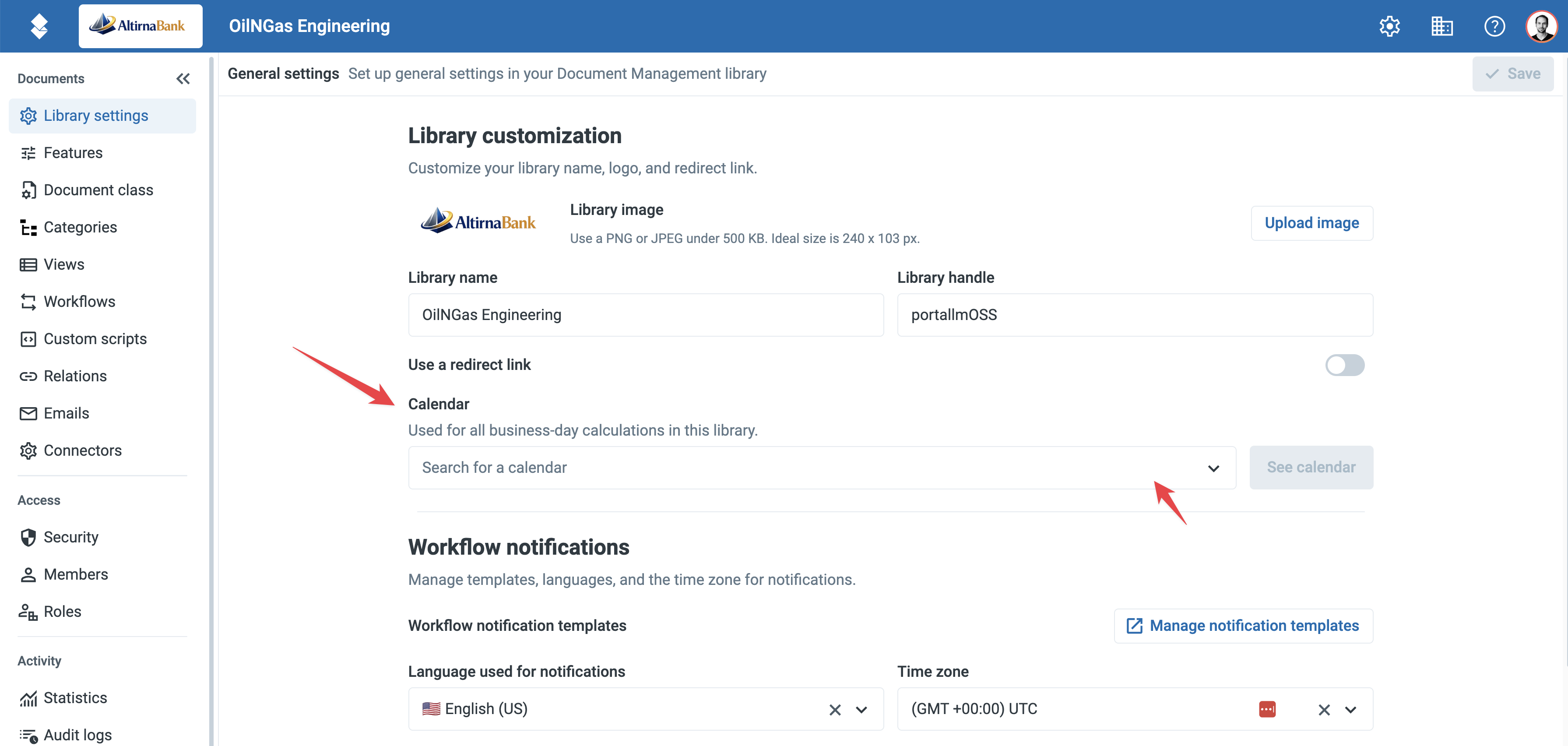 The General settings page with the Calendar setting in the Library customization section, described as Used for all business-day calculations in this library