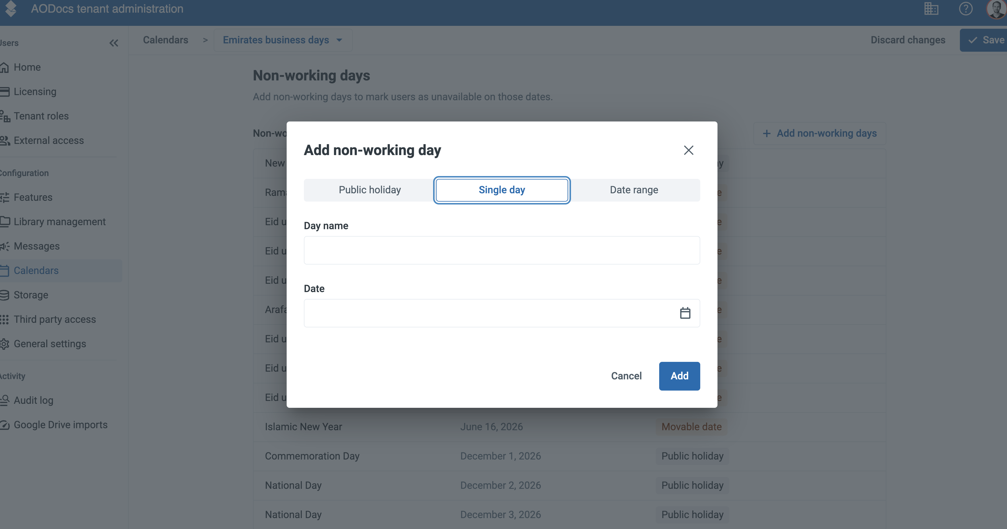 The Add non-working day dialog on the Single day tab, with the Day name and Date fields