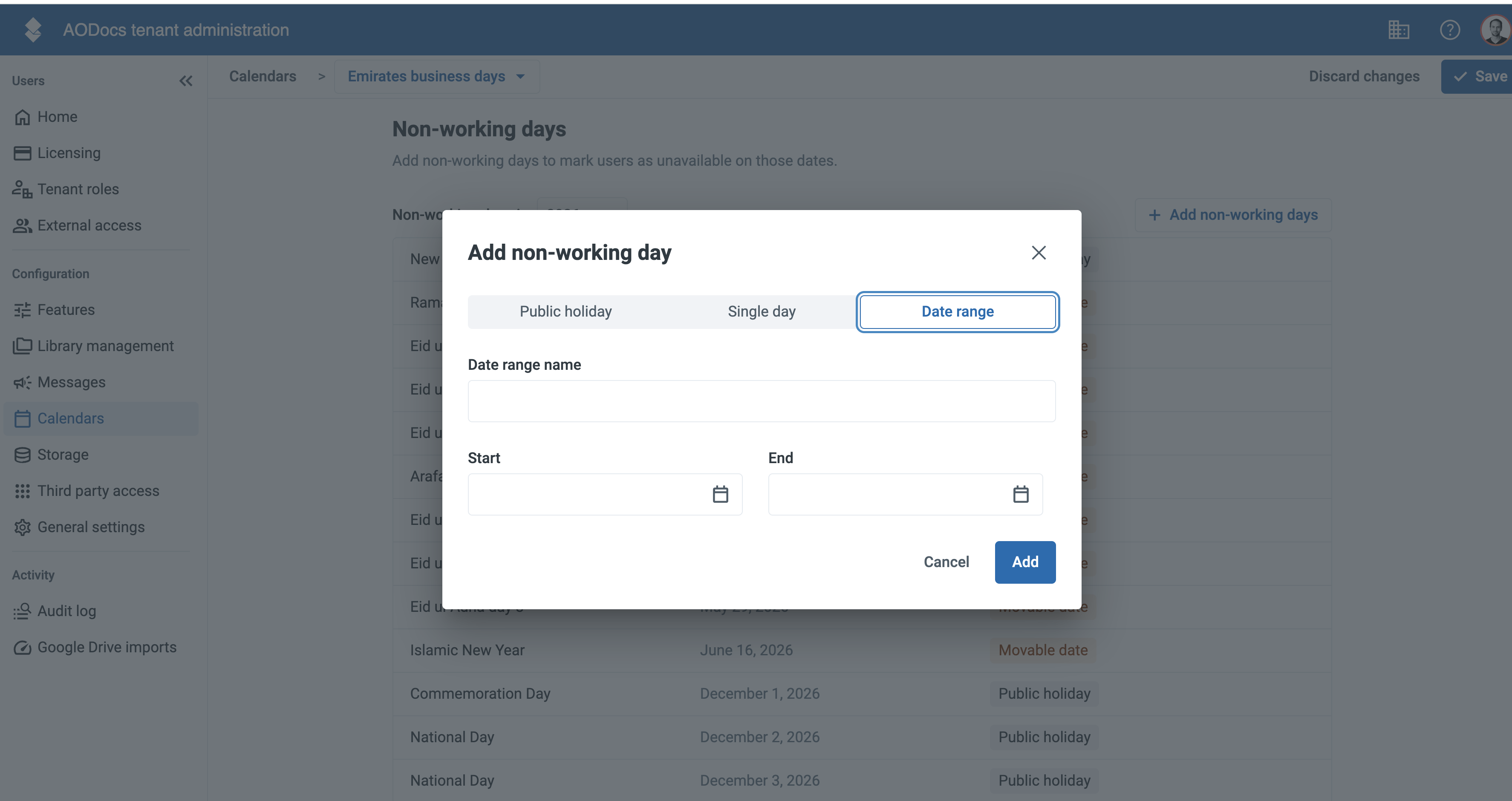 The Add non-working day dialog on the Date range tab, with the Date range name, Start and End fields