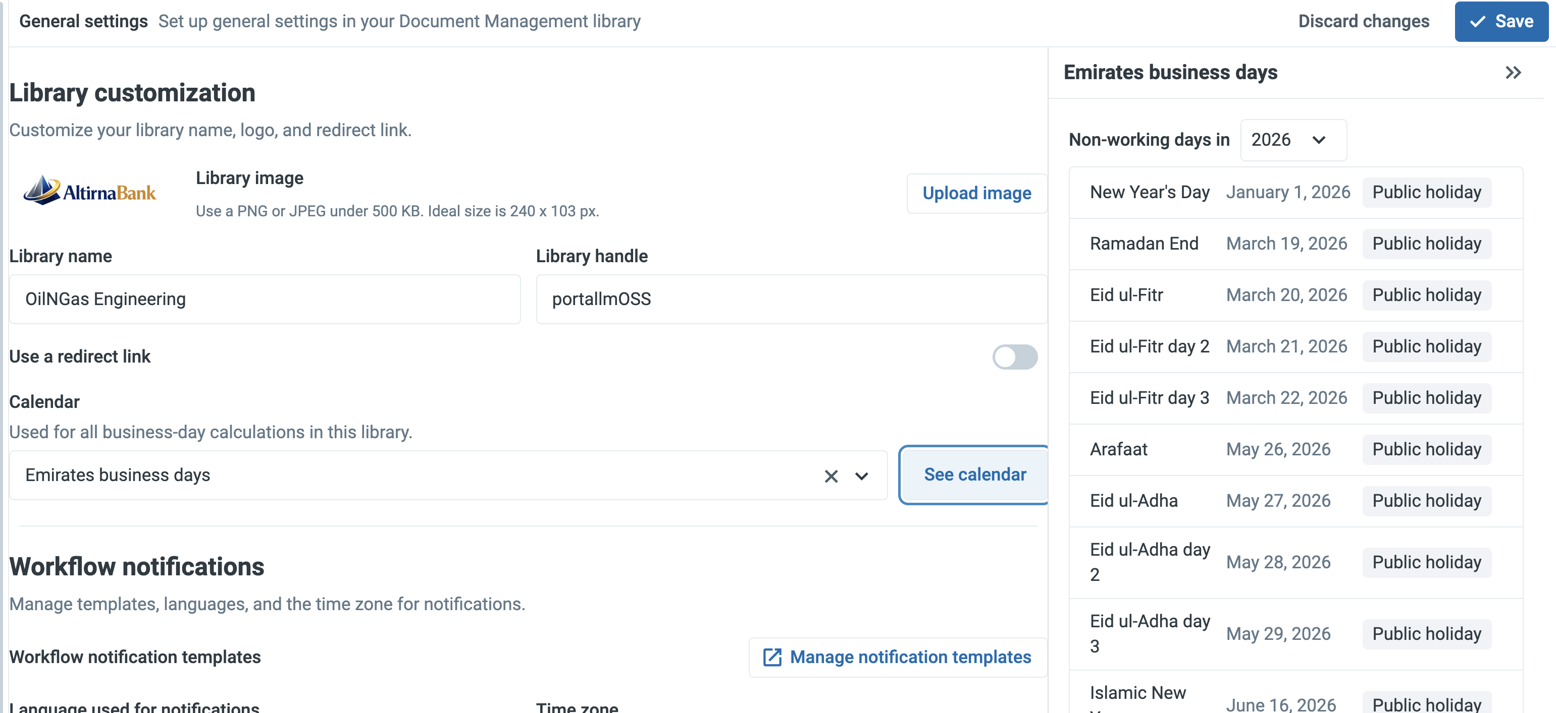 The read-only calendar preview panel opened with the See calendar button, showing the year selector and the list of non-working days with their tags