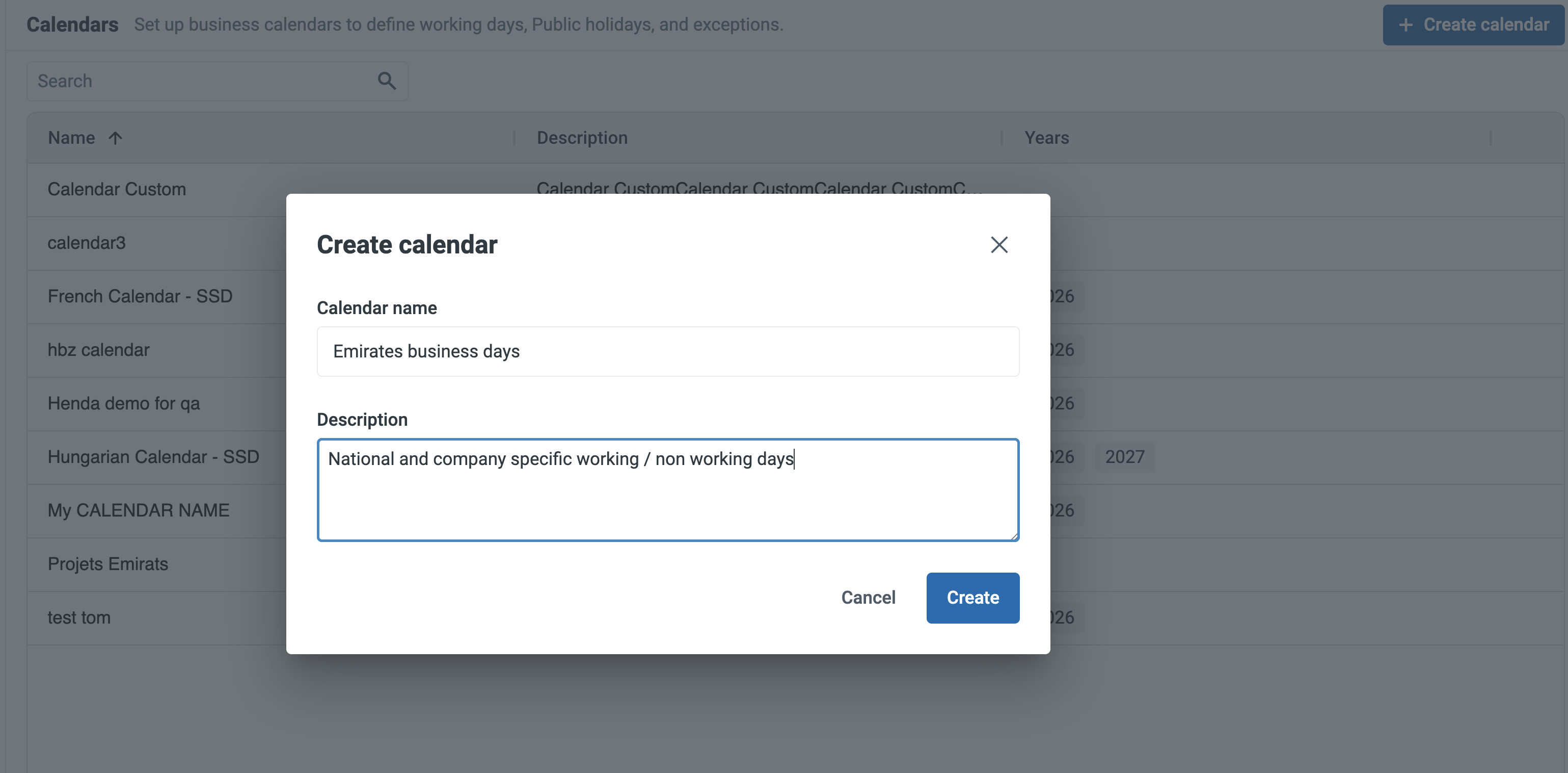 The Create calendar dialog with the Calendar name and Description fields filled in