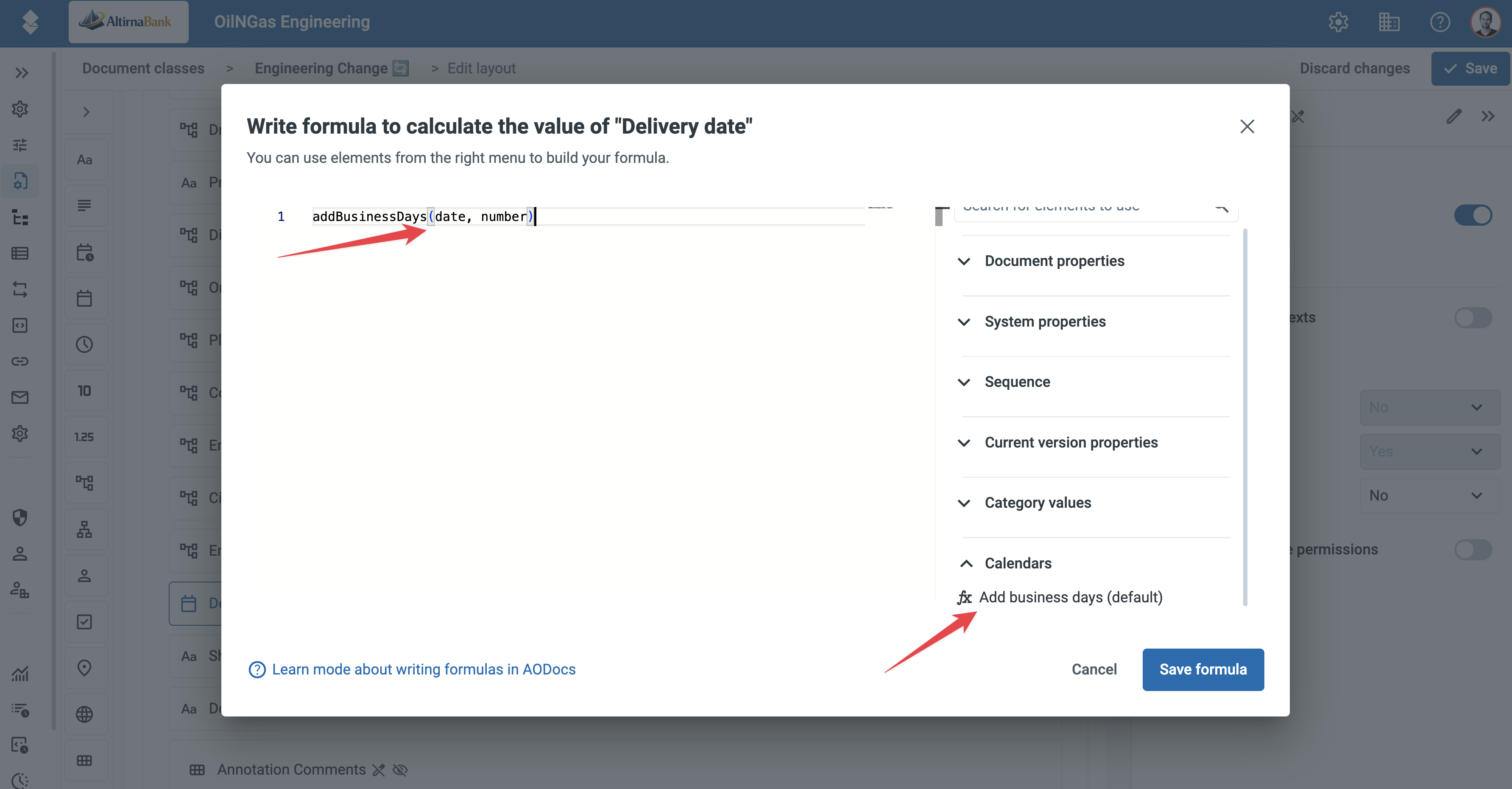 The formula builder with addBusinessDays(date, number) in the formula and the Calendars section with the Add business days entry in the right menu
