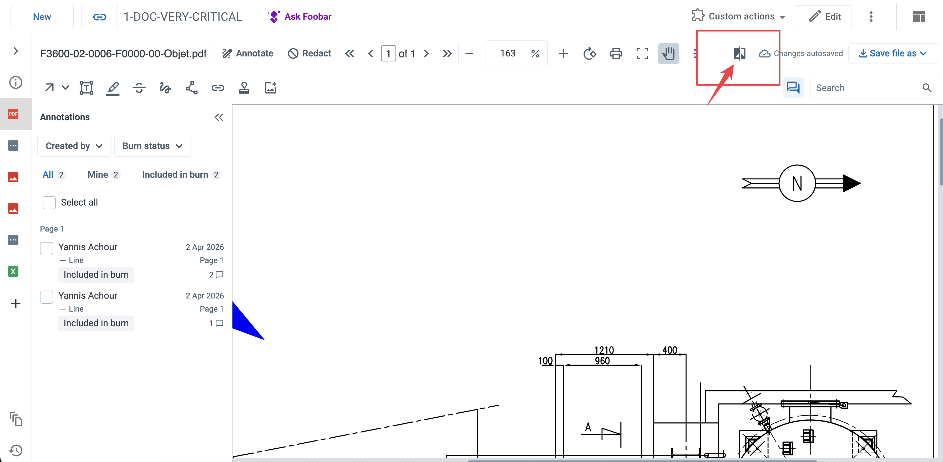 The file preview of a PDF drawing with the Compare files button highlighted in the toolbar
