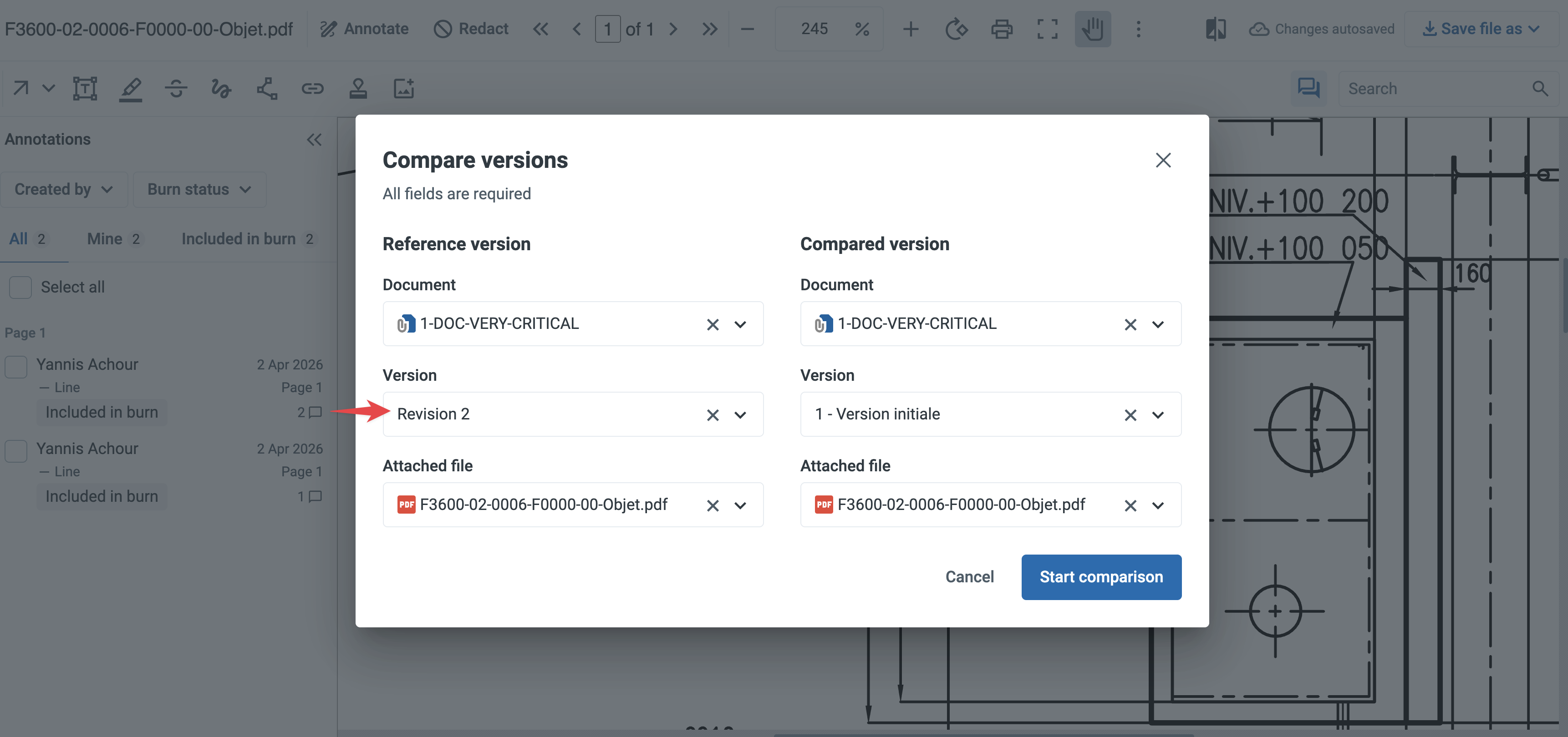 The Compare versions dialog with the Reference version and Compared version columns, each with Document, Version and Attached file selectors