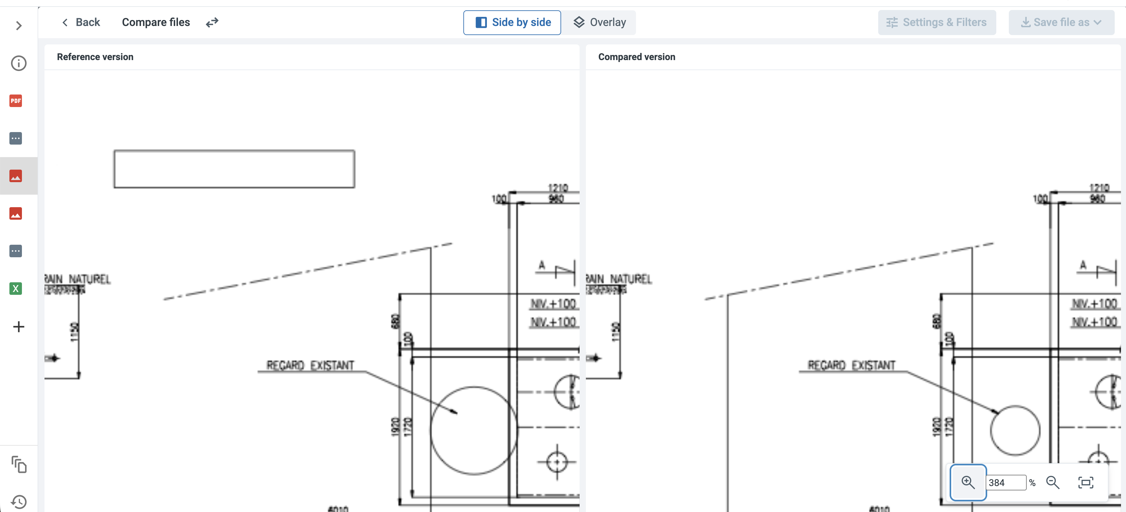 The comparison viewer in Side by side mode, with the Reference version and Compared version displayed next to each other