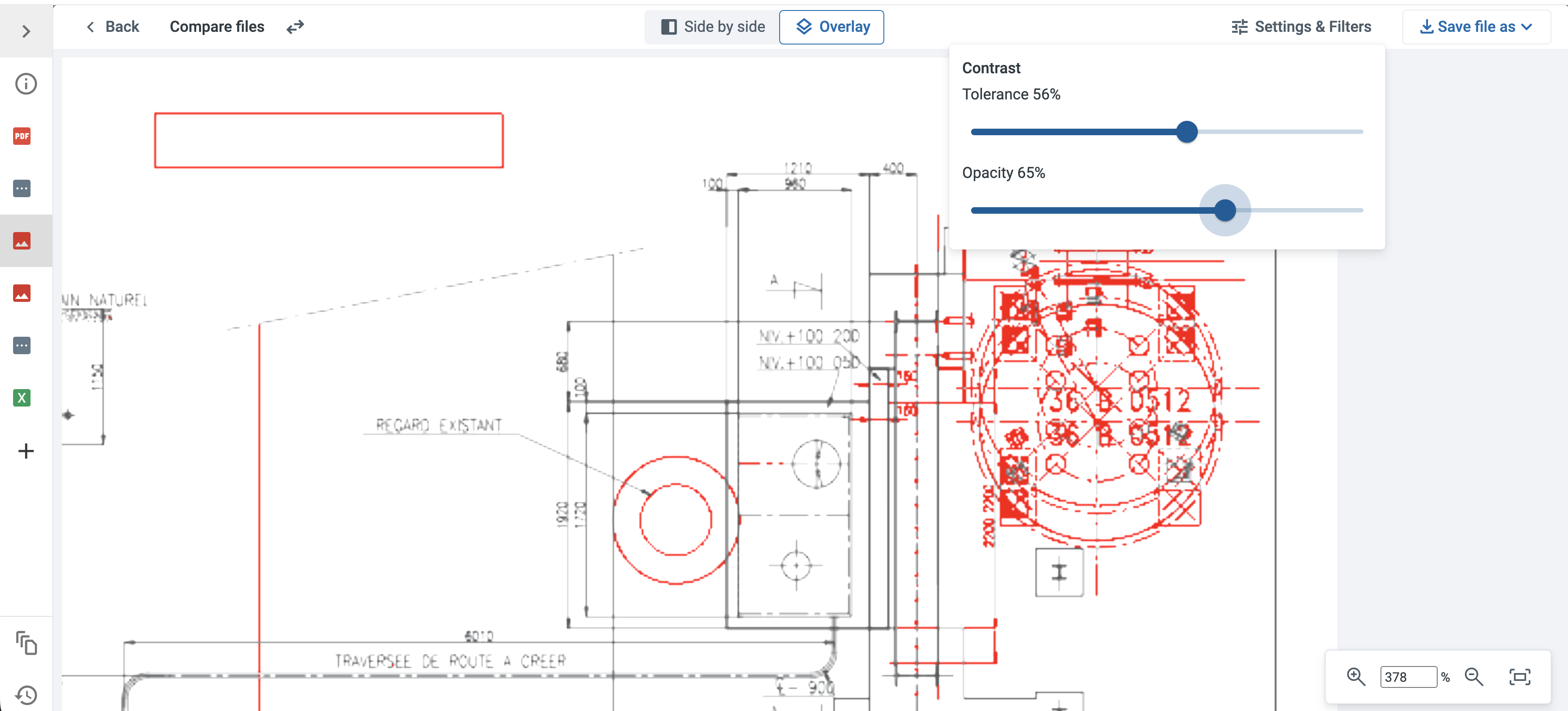 The comparison viewer in Overlay mode on a TIFF drawing: differences are highlighted in red, and the Settings & Filters panel is open with the Tolerance and Opacity sliders