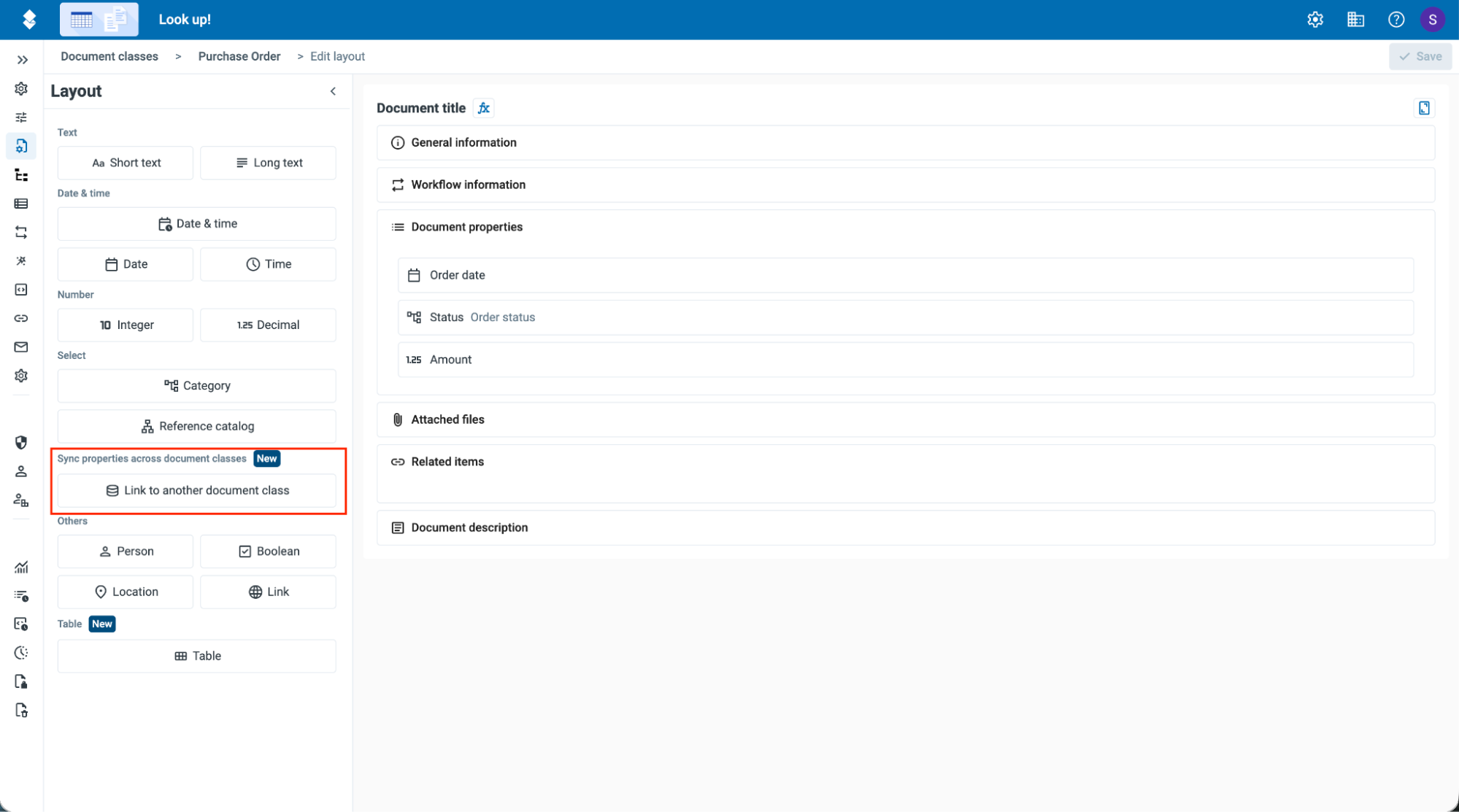 The class layout editor for a Purchase Order class. In the toolbox on the left, the Lookups group 'Sync properties across document classes' contains the item 'Link to another document class' with a 'New' tag.