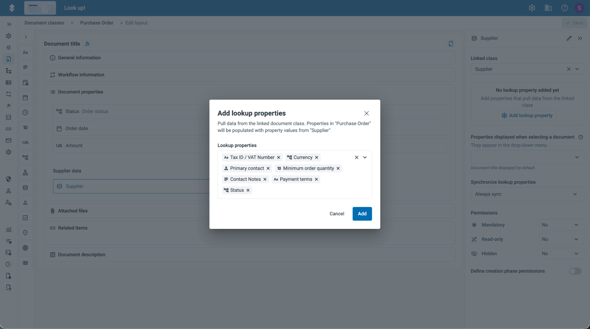 The 'Add lookup properties' dialog with the subtitle 'Pull data from the linked document class. Properties in Purchase Order will be populated with property values from Supplier', and several linked-class properties selected.