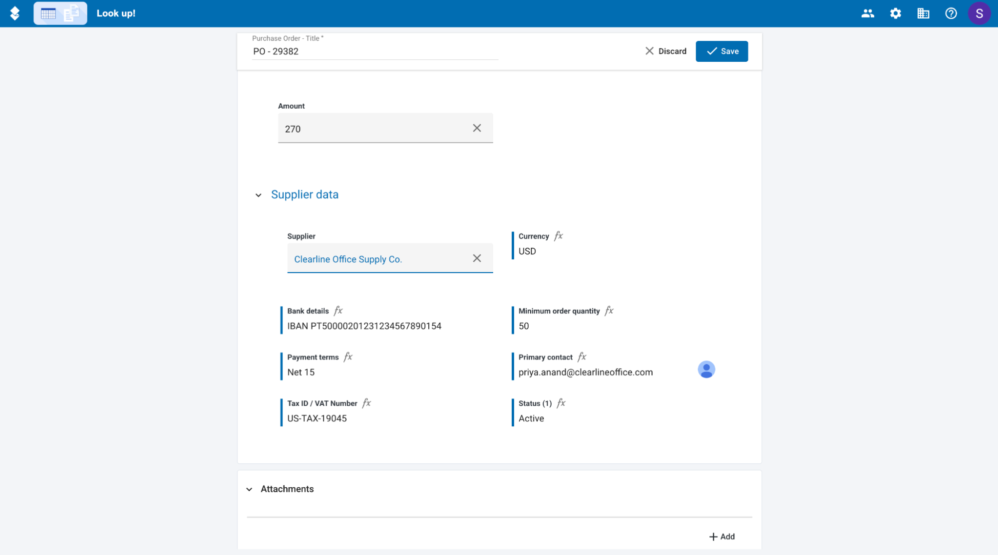The Supplier data section after selecting a supplier: the Supplier field shows the chosen document, and the lookup properties (Currency, Payment terms, Primary contact, Tax ID / VAT Number, and more) are filled in and read-only. The document is not yet saved.