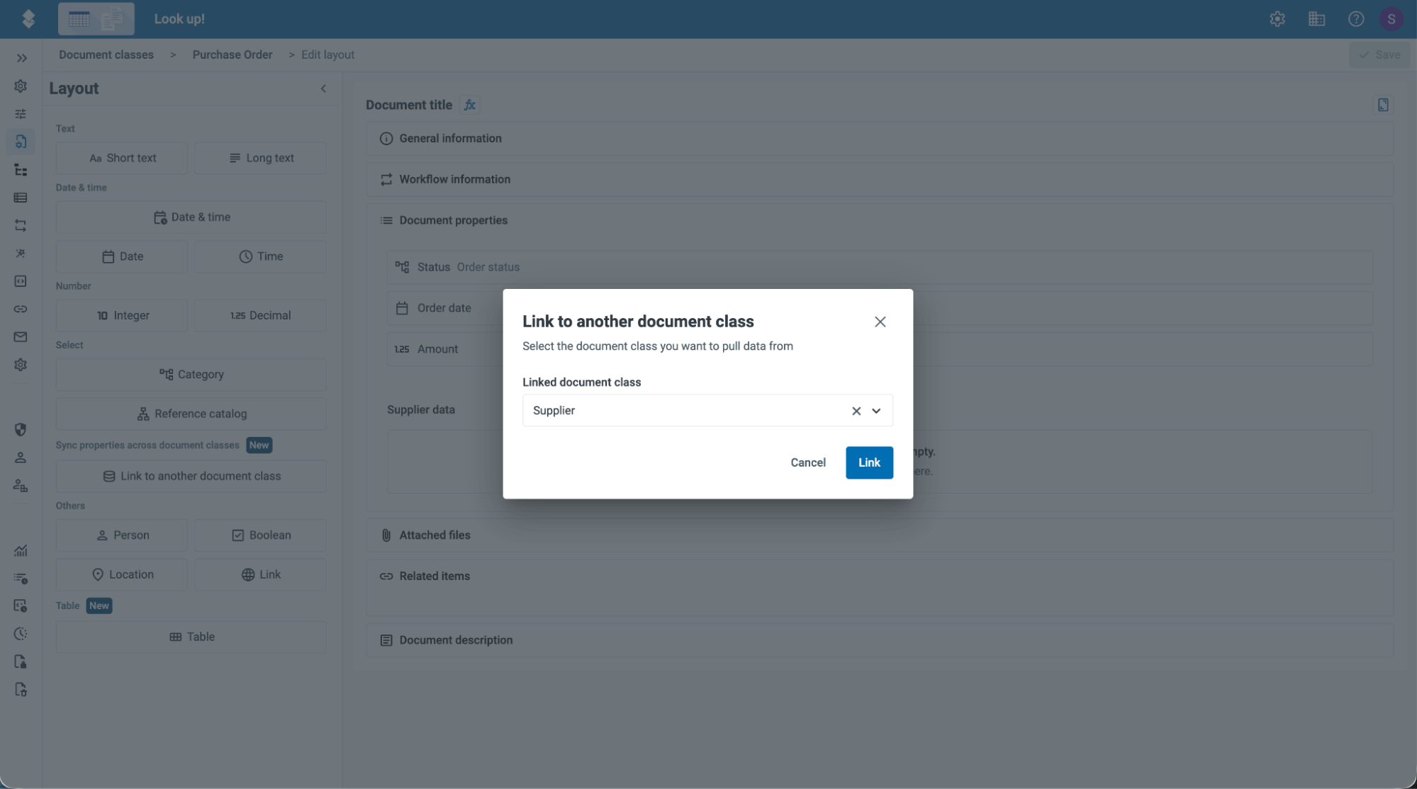 The 'Link to another document class' dialog: 'Select the document class you want to pull data from', with the Linked document class field set to Supplier and a Link button.