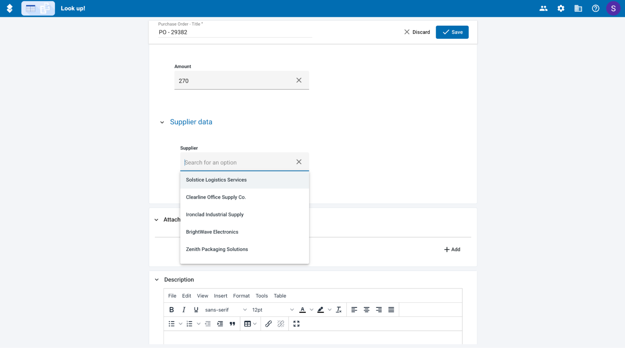 A Purchase order in edit mode. The Supplier field is focused, showing the placeholder 'Search for an option' and a drop-down list of supplier documents to choose from.