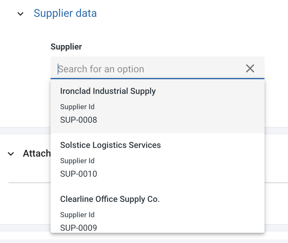 The document picker in a Purchase Order: the Supplier field shows 'Search for an option' and a drop-down list of supplier documents (Ironclad Industrial Supply, Solstice Logistics Services, Clearline Office Supply Co.), each with its Supplier Id (for example SUP-0008) shown under the title.