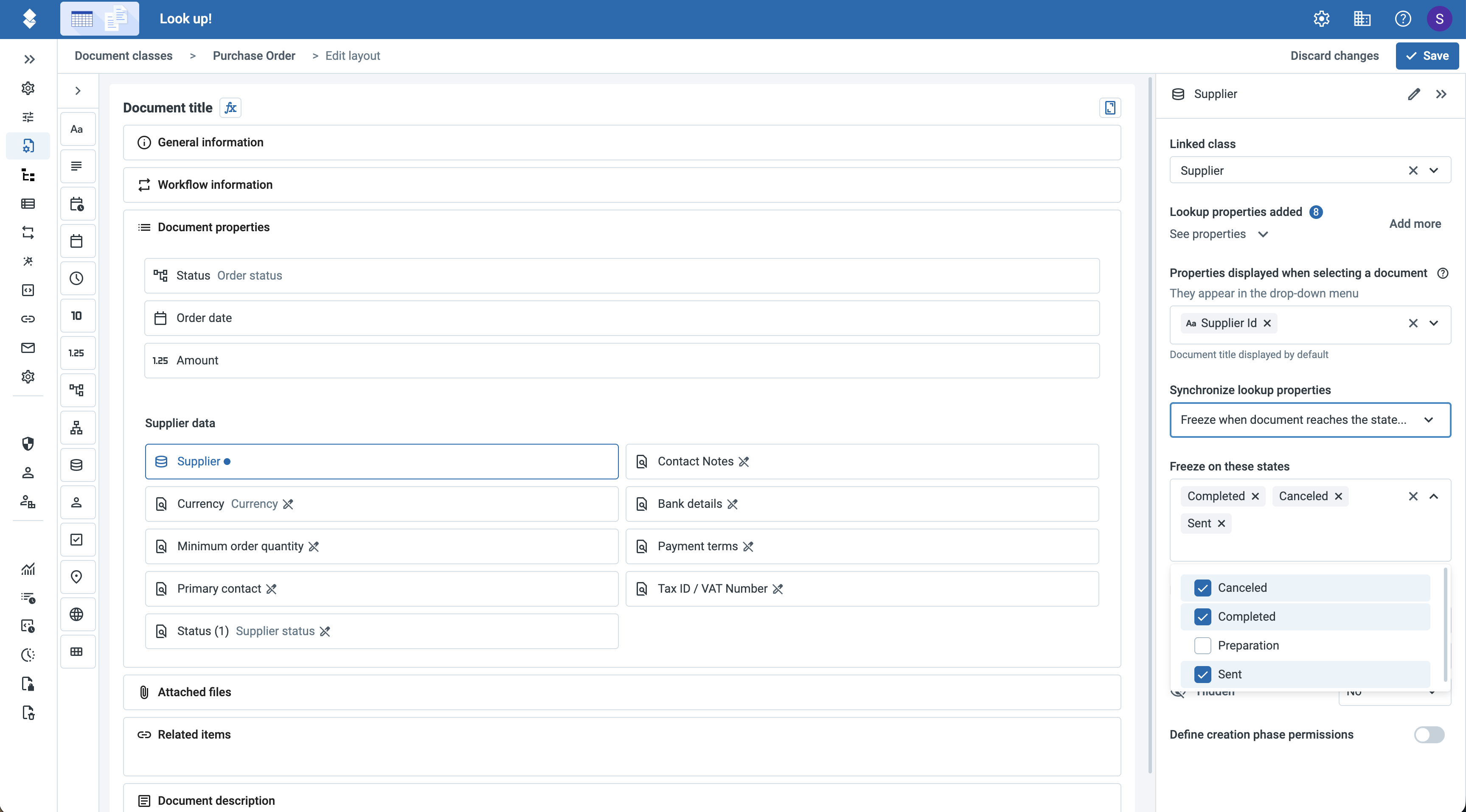 The Purchase Order class layout editor with the Supplier link field selected. In its configuration panel, Synchronize lookup properties is set to 'Freeze when document reaches the state...', and Freeze on these states lists Completed, Canceled, and Sent, with Preparation left unselected.